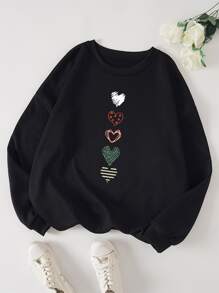 SHEIN LUNE Plus Heart Print Thermal Lined Sweatshirt - Black - View 1