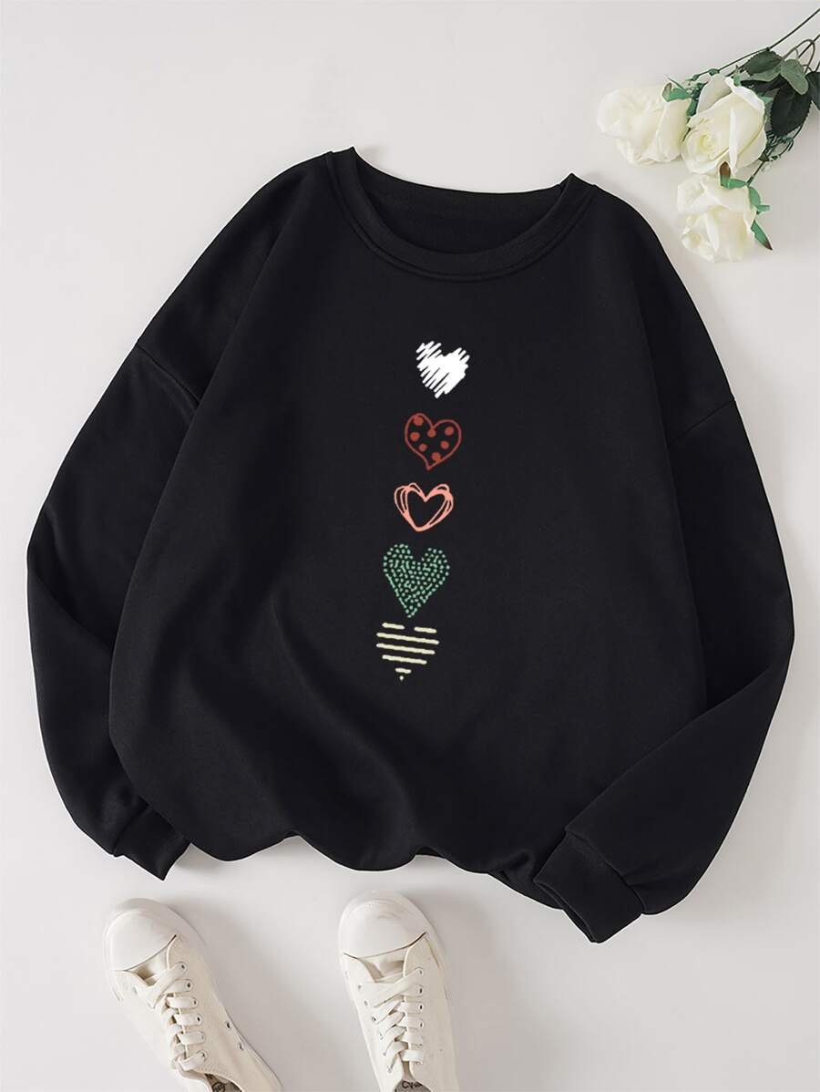 SHEIN LUNE Plus Heart Print Thermal Lined Sweatshirt - Black - View 1