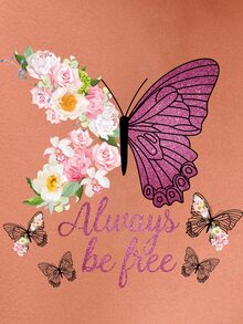 SHEIN EZwear 蝴蝶和雛菊圖案袋鼠口袋落肩袖抽繩連帽衫 - 珊瑚橙 - 查看 4