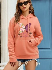 SHEIN EZwear 蝴蝶和雛菊圖案袋鼠口袋落肩袖抽繩連帽衫 - 珊瑚橙 - 查看 6