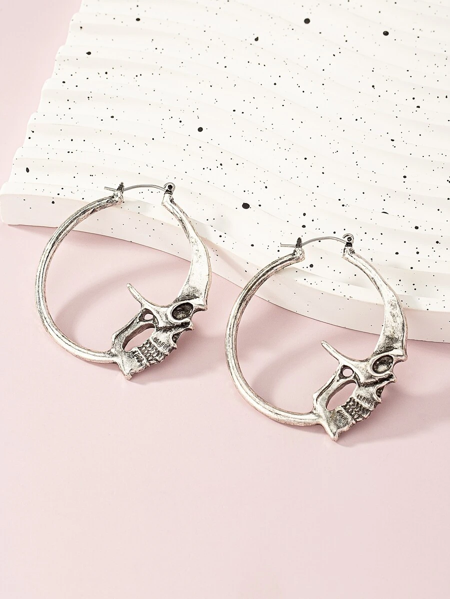 骷髏裝飾圓耳環 - 復古銀色 - 查看 1
