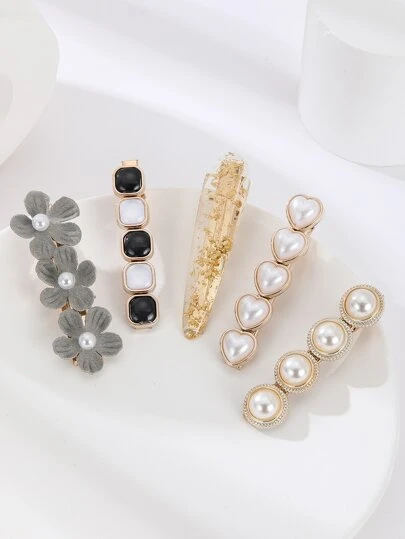 5入組花和人造珍珠裝飾髮夾