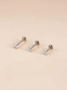 3入組/套時尚方晶鋯石裝飾唇釘不銹鋼適合女士&男士穿孔需要隔膜身體鏈 - 銀色 - 查看 1