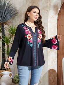 Mulvari Plus Floral Print Notched Neckline Flounce Sleeve Tee - Black - View 1