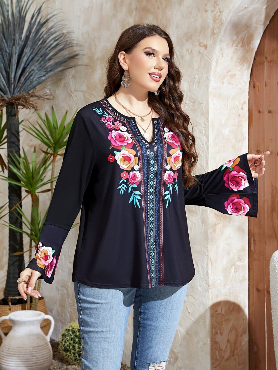 Mulvari Plus Floral Print Notched Neckline Flounce Sleeve Tee - Black - View 1