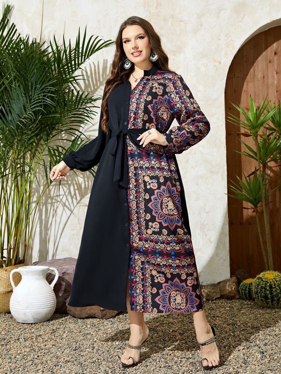 Mulvari 大碼印花腰帶襯衫洋裝