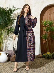 Mulvari 大碼印花腰帶襯衫洋裝