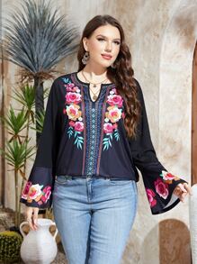 Mulvari Plus Floral Print Notched Neckline Flounce Sleeve Tee - Black - View 6