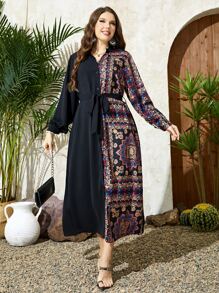 Mulvari 大碼印花腰帶襯衫洋裝