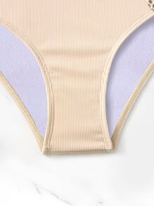 SHEIN Swim Conjunto de bikini con estrías de dálmata, sujetador inalámbrico envolvente y Bottom de bikini tipo hipster, 2 piezas, bikini de verano para playa - Albaricoque - Ver 7