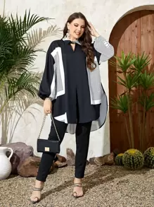 Mulvari Bộ thời trang Plus Size Nút Cắt ra Cao thấp Hình học Giải trí - Đen và trắng - Xem 5