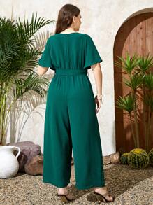 Al Najma 大碼花卉圖案提花蕾絲蝴蝶袖腰帶連身褲 - 墨綠色 - 查看 2