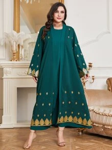 Al Najma Plus Gold Leaf Print Open Front Abaya & Solid Dress - Green - View 3