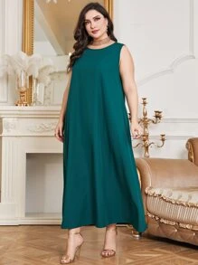 Al Najma Plus Gold Leaf Print Open Front Abaya & Solid Dress - Green - View 5