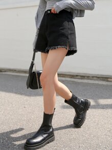 DAZY Raw Hem Wide Leg Denim Shorts - Black - View 3