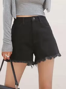 DAZY Raw Hem Wide Leg Denim Shorts - Black - View 4