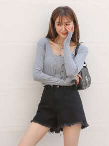 DAZY Raw Hem Wide Leg Denim Shorts - Black - View 7