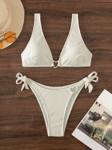 SHEIN Swim Conjunto de bikini de verano para playa con anillo en forma de corazón y lazos laterales - Beis - Ver 6