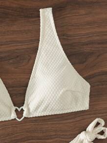 SHEIN Swim Conjunto de bikini de verano para playa con anillo en forma de corazón y lazos laterales - Beis - Ver 3
