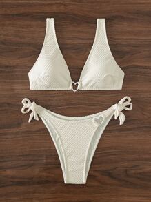 SHEIN Swim Conjunto de bikini de verano para playa con anillo en forma de corazón y lazos laterales - Beis - Ver 5