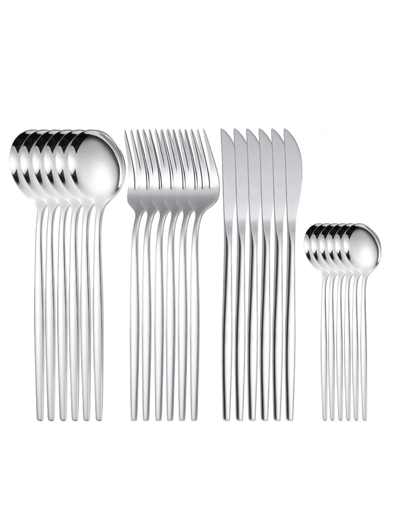 24 piezas/set cubiertos de acero inoxidable, cuchara de cubiertos portuguesa, juego de cubiertos occidental - Plateado - Ver 1