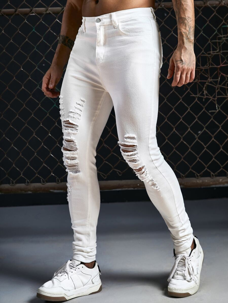 Manfinity Hombres Jeans ajustados desgarro crudo - Blanco - Ver 1