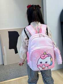 Cartoon Mermaid & Unicorn Print Backpack For Teens/Kids, With Pencil Case Included - Multicolor - View 1