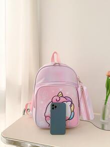 Cartoon Mermaid & Unicorn Print Backpack For Teens/Kids, With Pencil Case Included - Multicolor - View 4
