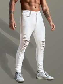 Manfinity Hombres Jeans ajustados desgarro crudo - Blanco - Ver 8