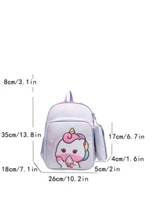 Mochila con estampado de sirena y unicornio de dibujos animados para adolescentes/niños, con estuche para lápices - Multicolor - Ver 3