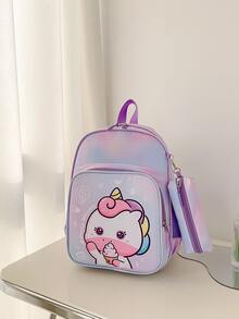 Mochila con estampado de sirena y unicornio de dibujos animados para adolescentes/niños, con estuche para lápices - Multicolor - Ver 5
