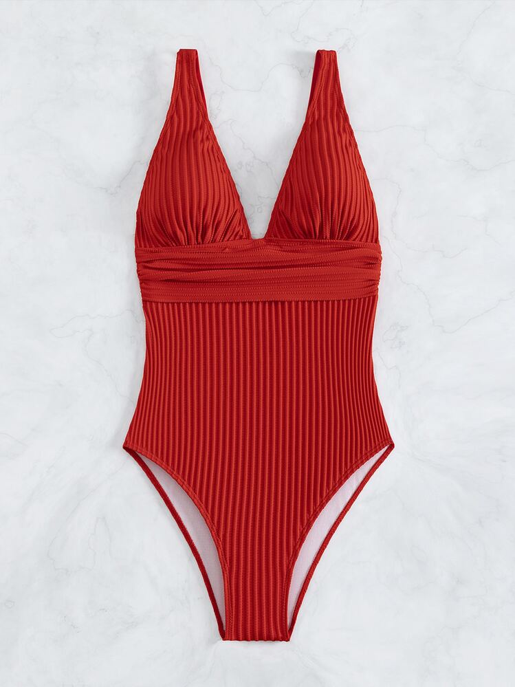 Swim Vcay 1 pieza Traje de baño de unicolor sin espalda para vacaciones y playa en verano - Rojo - Añade 4