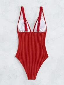 Swim Vcay 1 件纯色露背泳衣，适合度假和夏季海滩 - 紅色 - 查看 6