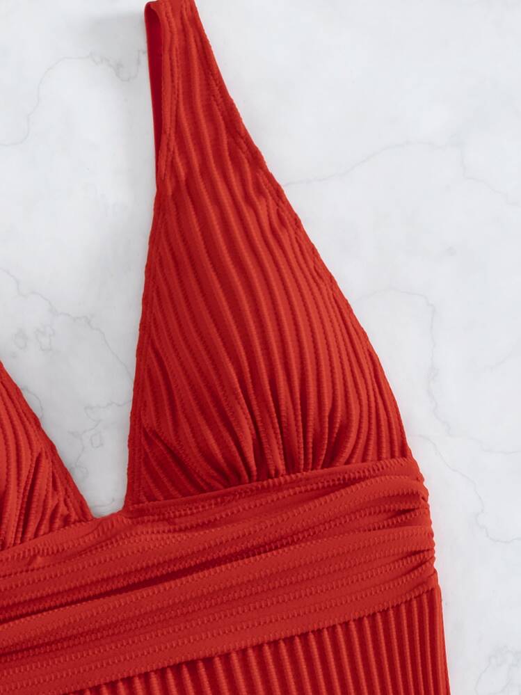 Swim Vcay 1 pieza Traje de baño de unicolor sin espalda para vacaciones y playa en verano - Rojo - Añade 3