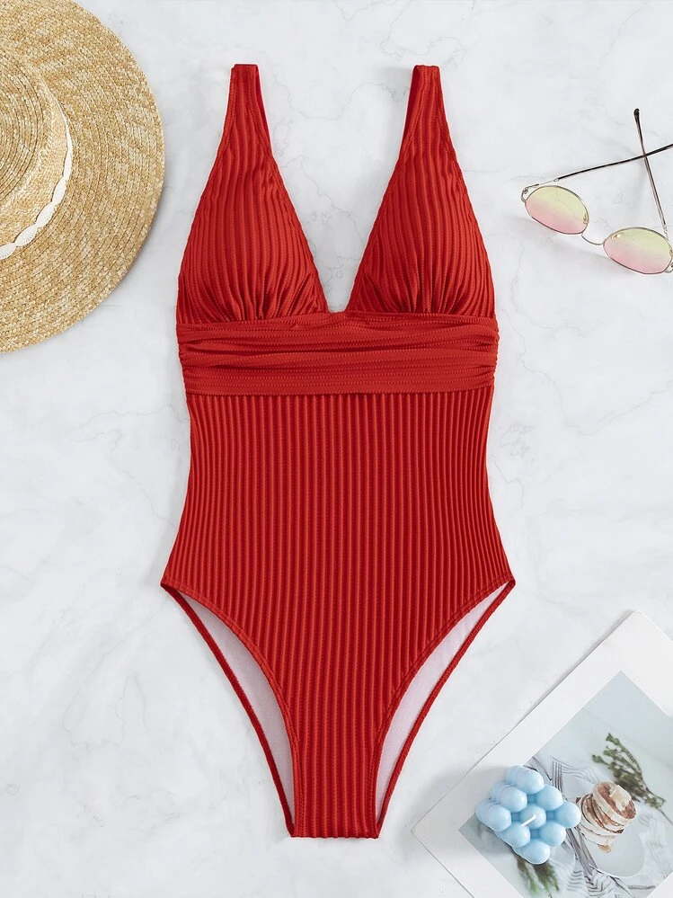 Swim Vcay 1 pieza Traje de baño de unicolor sin espalda para vacaciones y playa en verano - Rojo - Añade 7