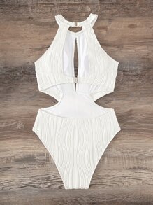 Swim Vcay Summer Beach Cut Out Waist Halter Neck Backless One Piece Swimsuit - White - View 4