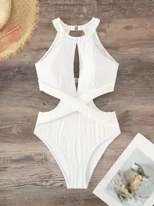 Swim Vcay Summer Beach Cut Out Waist Halter Neck Backless One Piece Swimsuit - White - View 5