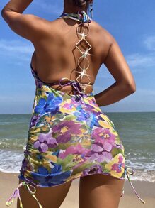 Floral Print Ring Detail Backless Halter Cover Up Dress Without Bikini - Multicolor - View 1