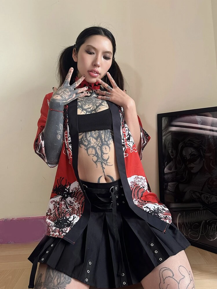 ROMWE J-Fashion Skull Print Drop Shoulder Open Front Kimono - Red - View 2