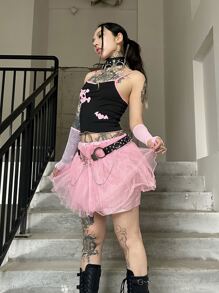 ROMWE Kawaii Áo hai dây Nơ Bướm Tương phản ràng buộc Lễ Các Thánh Tim Giải trí - màu đen - Xem 5