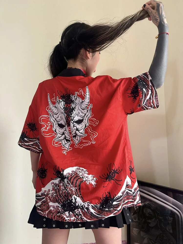 ROMWE J-Fashion Skull Print Drop Shoulder Open Front Kimono - Red - View 3