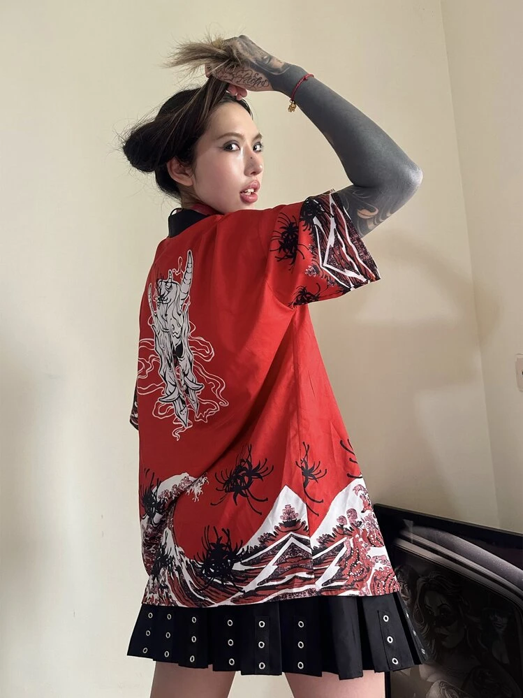 ROMWE J-Fashion Skull Print Drop Shoulder Open Front Kimono - Red - View 4