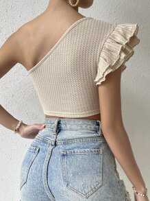 SHEIN Privé One Shoulder Ruffle Trim Crop Top - Khaki - View 2