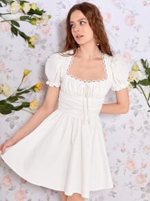 SHEIN MOD 胸部褶皺泡泡袖褶邊洋裝 - 白色 - 查看 2