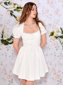 SHEIN MOD 胸部褶皺泡泡袖褶邊洋裝 - 白色 - 查看 4