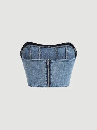 SHEIN MOD Top Corsetto Estivo In Denim Senza Spalline Con Cerniera Posteriore