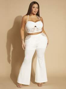 SHEIN SXY Plus Contrast Lace Cami Top & Flare Leg Trousers - White - View 1