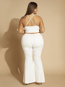 SHEIN SXY Plus Contrast Lace Cami Top & Flare Leg Trousers - White - View 4