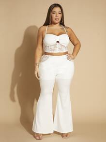 SHEIN SXY Plus Contrast Lace Cami Top & Flare Leg Trousers - White - View 3
