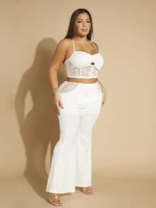 SHEIN SXY Plus Contrast Lace Cami Top & Flare Leg Trousers - White - View 2